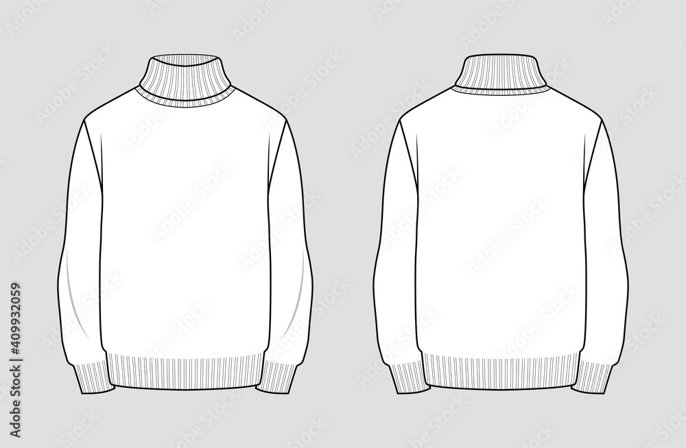 Turtleneck sweater vector template. Men's clothing. Front and back view