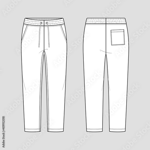 Sweatpants with an elasticated drawstring waist in a relaxed style. Tapered leg. Mockup template.
