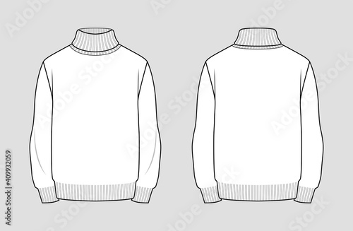 Turtleneck sweater vector template. Men's clothing. Front and back view. Outline fashion technical sketch of apparel.