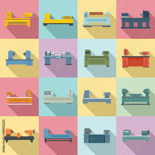 Lathe icons set. Flat set of lathe vector icons for web design