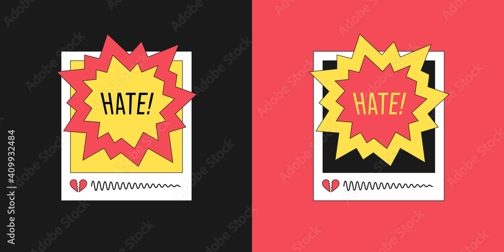 Social media banner with explosion and heading Hate. Abstract post template with topic about hating, anger, bullying