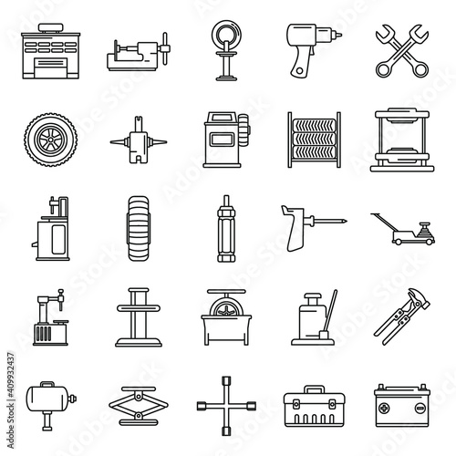 Tire fitting tool icons set. Outline set of tire fitting tool vector icons for web design isolated on white background