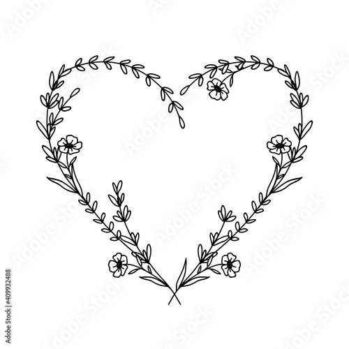 Hand drawn floral heart frame wreath on white background
