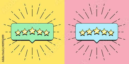 Five stars banner. Bubble message with 5 Stars reputation, quality service review, satisfaction rating