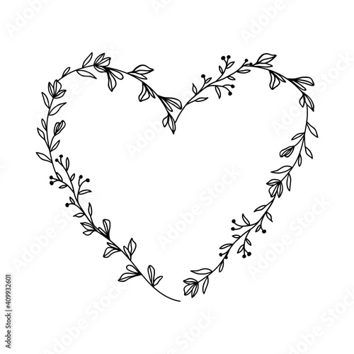 Hand drawn floral heart frame wreath on white background