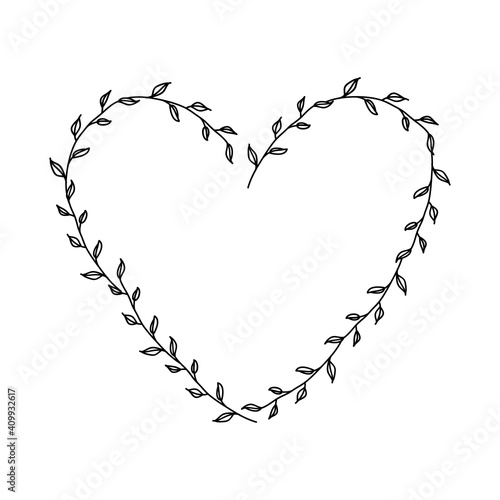 Hand drawn floral heart frame wreath on white background