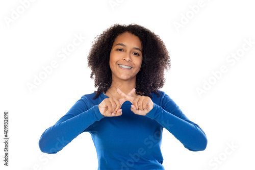 Teenager girl with afro hair wearing blue sweater