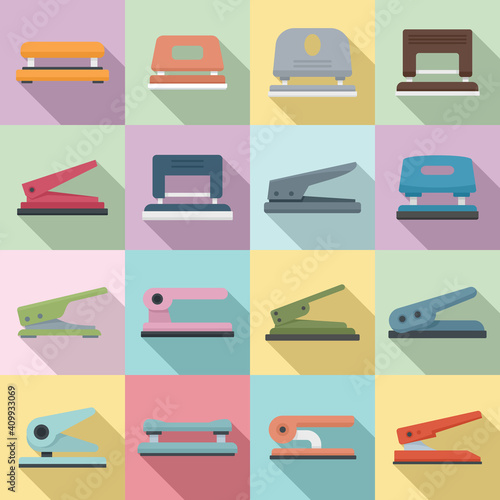 Hole puncher icons set. Flat set of hole puncher vector icons for web design