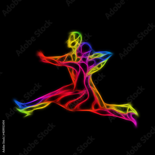 Silhouettes of couple dancing ballroom dance. Quickstep. Multicolored detailed silhouette of ballroom dancers.