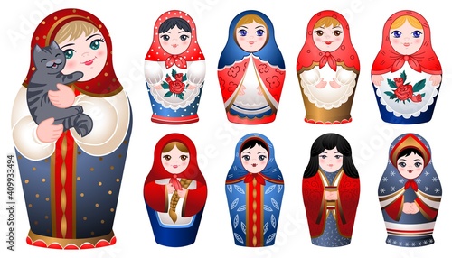 Nesting doll icons set. Cartoon set of nesting doll vector icons for web design
