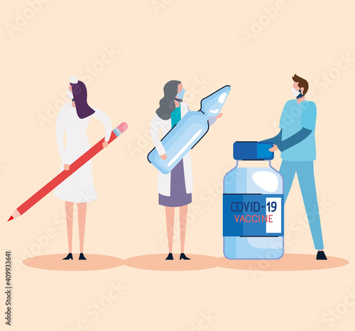 covid19 vaccine vials and doctors staff with pencil vector illustration design