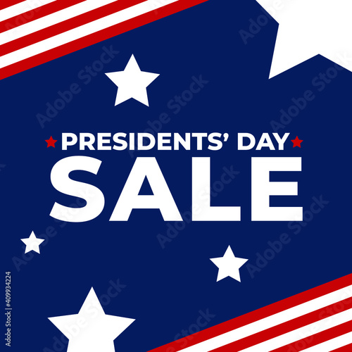 Presidents' Day Sale Event Square Web Banner Design with American Flag Stripes Border and Abstract Stars in Background, Patriotic United States Presidents Day Typography Sign Vector Illustration