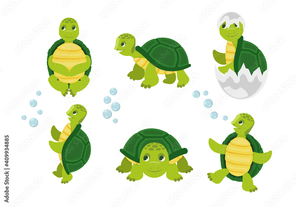 Fototapeta premium Cartoon turtles. Happy funny animals running tortoise vector collection. Cartoon vector turtle in various action poses