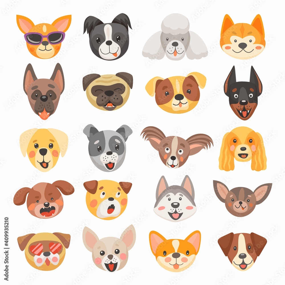 Cute dog and puppy faces cartoon vector design of pet animals. Isolated heads of terrier, french bulldog, pug and corgi, labrador, poodle, doberman and chihuahua dog breeds with funny tongues, smiles Cute dog and puppy faces cartoon vector design of pet animals. Isolated heads of terrier, french bulldog, pug and corgi, labrador, poodle, doberman and chihuahua dog breeds with funny tongues, smiles
