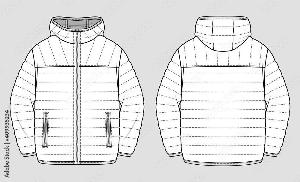Lightweight puffer jacket. Technical vector sketch. Mockup template