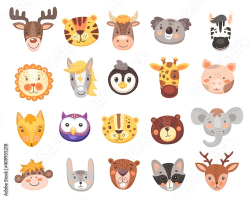 Cute animal faces vector set with isolated cartoon heads of bear, fox, tiger, bunny or rabbit, elephant, monkey, koala and deer. Funny owl, pig, giraffe and zebra, lion, cow, penguin and racoon