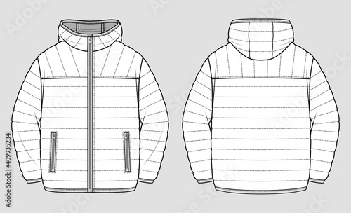 Lightweight puffer jacket. Technical vector sketch. Mockup template.