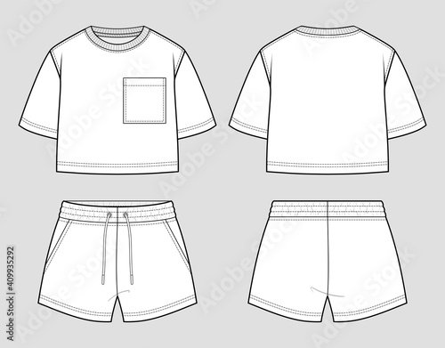 Sweat set. Oversized t-shirt and shorts. Vector sketch. Mockup template.