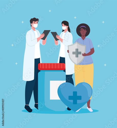medical staff group of three workers with immune system shield and bottle drugs vector illustration design