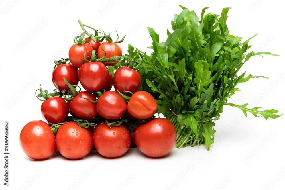 Tomatoes with rucola isolated on white background Tomatoes with rucola isolated on white background