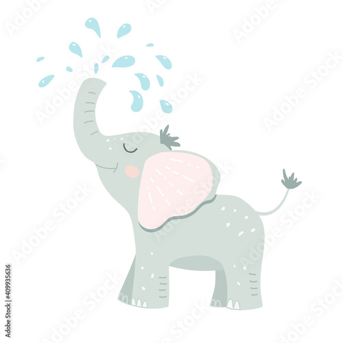 Cute baby elephant poured water from its trunk. Kids vector illustration. Great for kids t-shirt, wall print, poster, postcard.