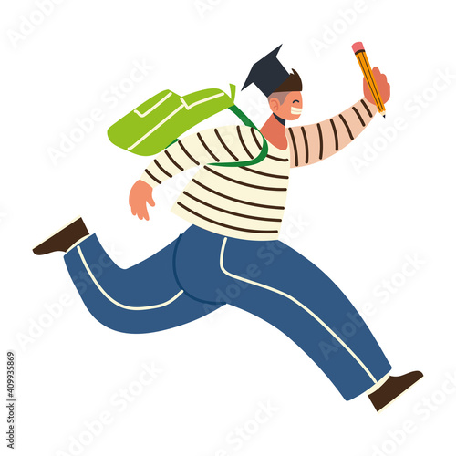 back to school, student running with hat pencil and bag