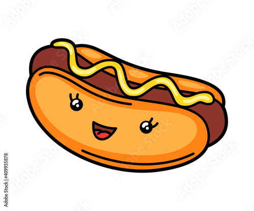 Kawaii illustration of hot dog.