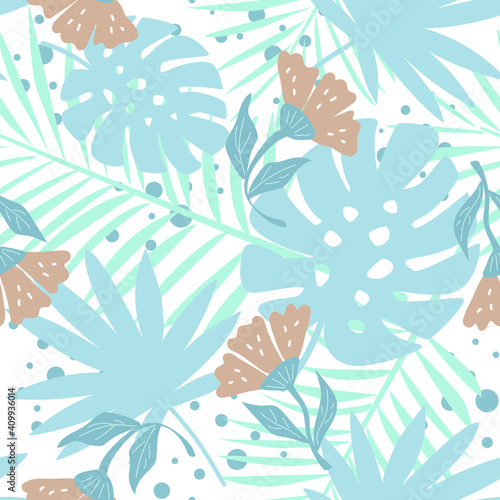 Seamless pattern with tropical leaves and flowers. Creative vector texture. Great for fabric, textile, scrubbing, wallpaper and wrapping 