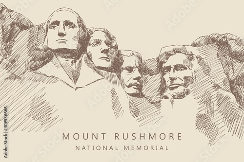 Sketch of Mount Rushmore National Memorial, South Dakota, USA. Portraits of American presidents: Abraham Lincoln, George Washington, Thomas Jefferson, Theodore Roosevelt. Vintage brown and beige card. photo