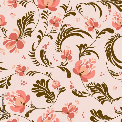 Spring trend pattern. Seamless pattern for printing onto fabric and textile design. Fashionable print for paper in ethnic style. Vector illustration. Pink color