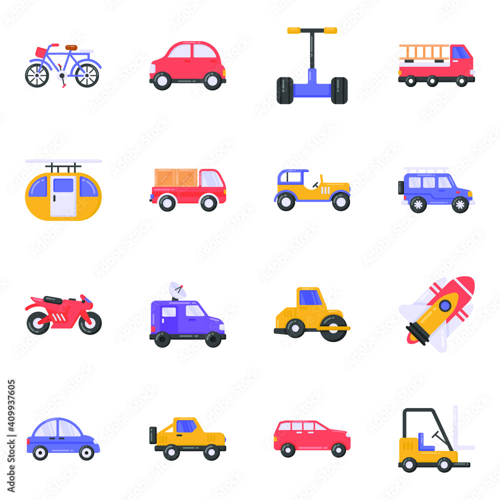 Fototapeta premium Pack of Automotives and Transport Flat Icons 
