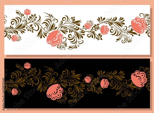 Spring trend pattern. Seamless border for printing on fabric and textile design. Fashionable print for paper in ethnic style. Vector illustration. Pink color