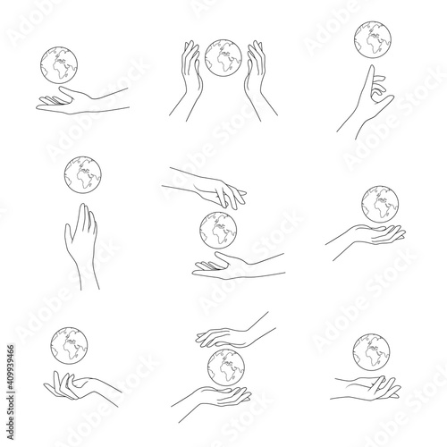 Collection of hands hold the globe. Vector illustration isolated on white background