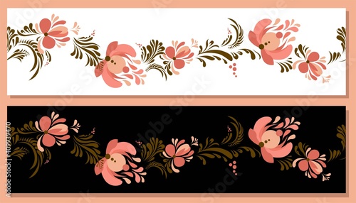 Spring trend pattern. Seamless border for printing on fabric and textile design. Fashionable print for paper in ethnic style. Vector illustration. Pink color