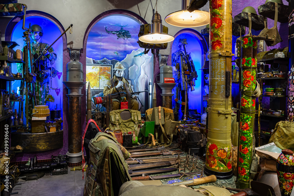 Naklejka premium Khmelnytsky. Ukraine. January 26, 2021. Museum of the War in Afghanistan with samples of mines and bombs. Museum for Soldiers Internationalists.