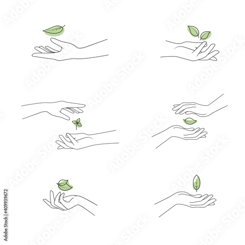 Collection of hands hold a leaf of the plant. Vector illustration isolated on white background.