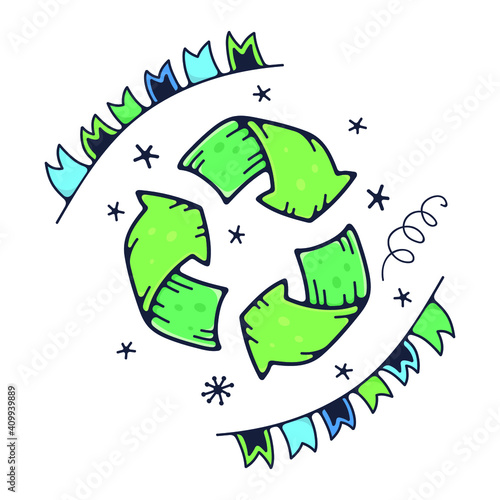 Cute illustration with recycling symbol. Isolated on a white background. Vector doodle illustrations.