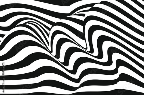 Abstract stripe wave with a black and white line. Backdrop geometric bent ribbon for banner, poster, cover, web. Creative wave line 3d optical op art for dynamic design. Vector illustration.