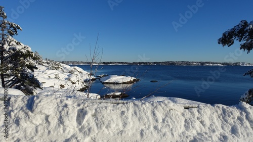 A sunny winter day by the sea in Scandinavia