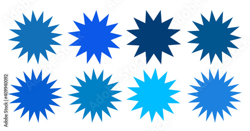 Set of vector starburst, sunburst badges. Collection blue different gradient color. Simple style Vintage labels. Design elements. Colored stickers. Vector illustration eps10 of types and colors icon