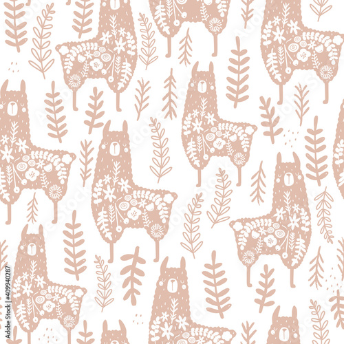 Seamless pattern with cute floral llamas. Creative blooming pastel texture. Great for fabric, textile Vector Illustration