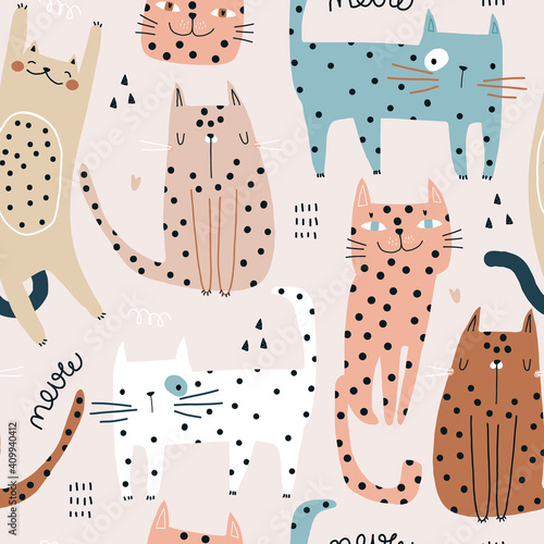 Seamless childish pattern with cute hand drawn polka dot cats. Creative kids hand drawn texture for fabric, wrapping, textile, wallpaper, apparel. Vector illustration