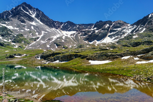 Passo Gavia  mountain pass in Lombardy  Italy  at summer. Lake