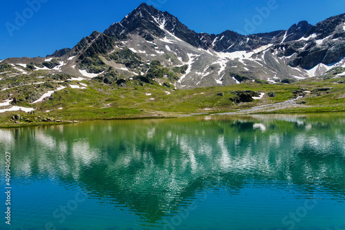 Passo Gavia  mountain pass in Lombardy  Italy  at summer. Lake