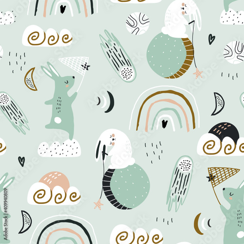 Seamless childish pattern with catching stars cute bunnies characters, planets, moon, stars. Vector illustration