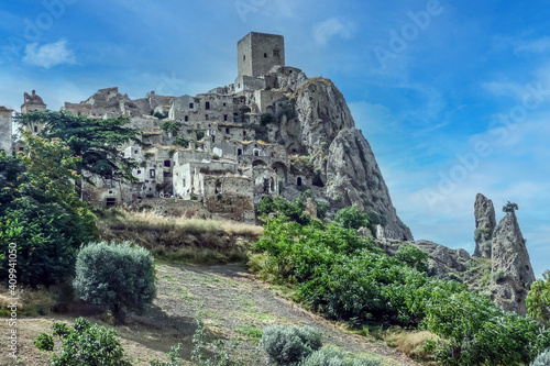 landscape of the ghost town of Craco  with abandoned houses in ruins due to a landslide