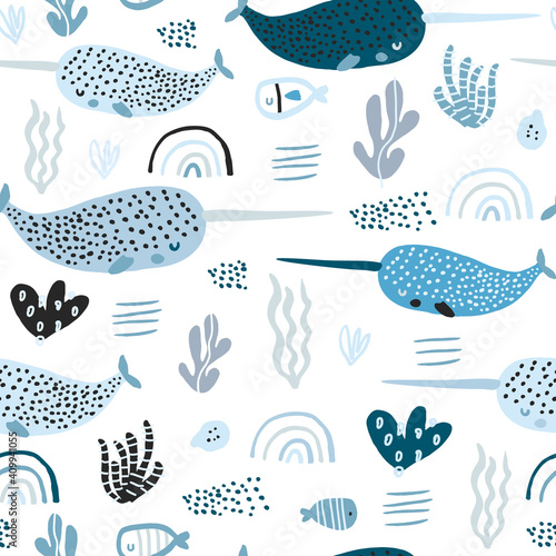 Seamless pattern with abstract narwals, rainbows, seaweeds. Undersea Childish texture for fabric, textile. Vector background