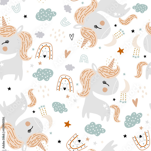 Seamless childish pattern with cute unicorns, rainbows, hearts. Creative kids hand drawn pink texture for fabric, wrapping, textile, wallpaper, apparel. Vector illustration