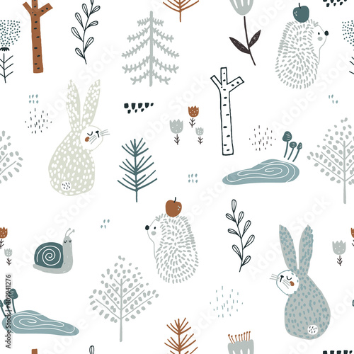 Seamless childish pattern with cute rabbits,hedgehog, snail in the wood. Creative kids forest texture for fabric, wrapping, textile, wallpaper, apparel. Vector illustration