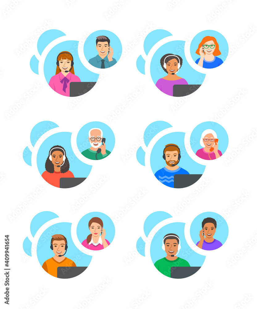 Customer support operators talk by phone with clients. Call center consultants, men and women of different races answer the questions of customers. Online shop managers help line concept. Flat banners